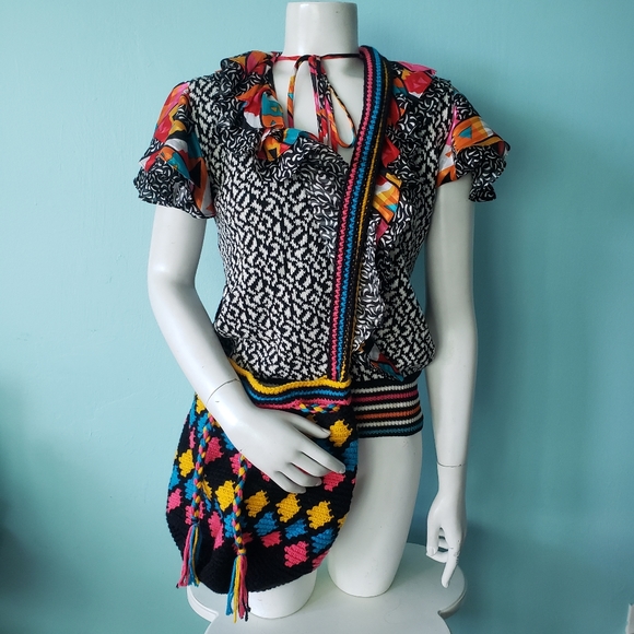 Knit crochet drawstring rainbow hippy hippie boho bag purse diamonds stripes - Picture 5 of 5